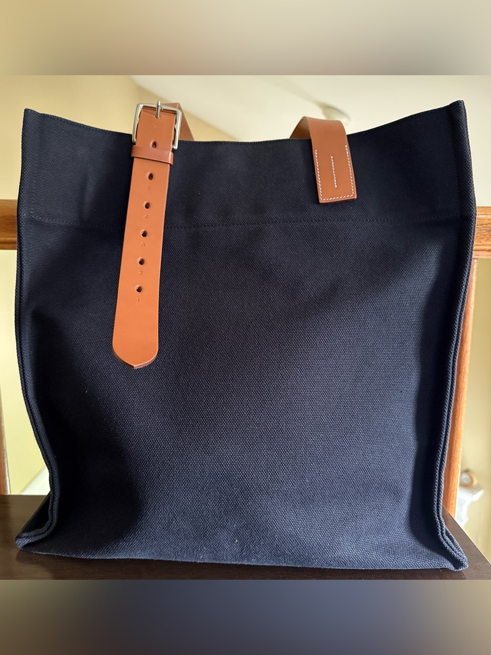 HERMES Etriviere Shopping Dark Blue Canvas Leather Tote Bag
